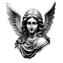 statue angel which has half face youn half face old  tattoo design idea