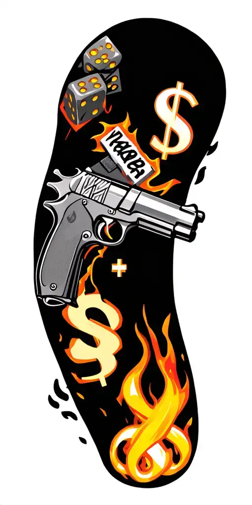 Make full arm sleeve gangster tatto with pistols, dices, fire, dollar sign, spray, cross tattoo design idea