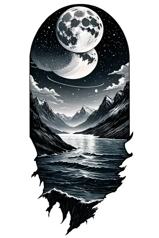 alaska mountains, ocean, full moon, big dipper tattoo design idea