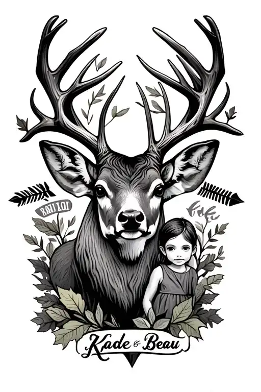 whitetail deer shed antler with leaves, morels and branches with arrows and kids names Kade and Beau tattoo design idea