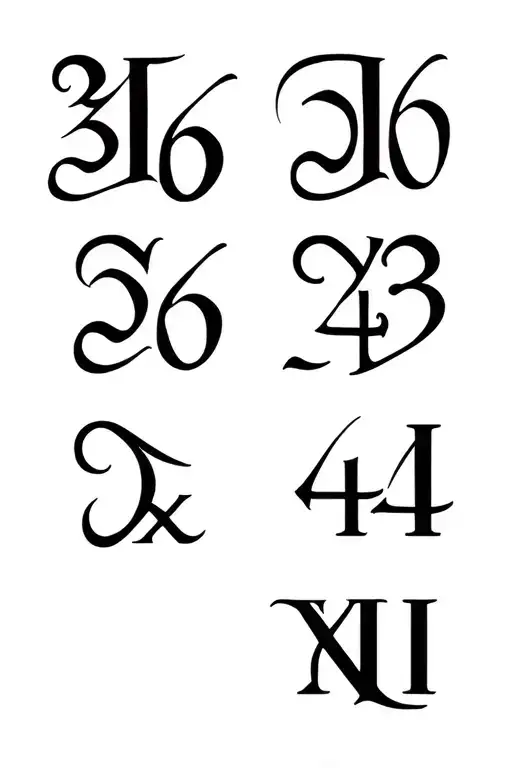 Create a tattoo design featuring the Gothic-style numerals for “36 · 43 · 64”, displayed as Roman numerals “XXXVI · XLII tattoo design idea