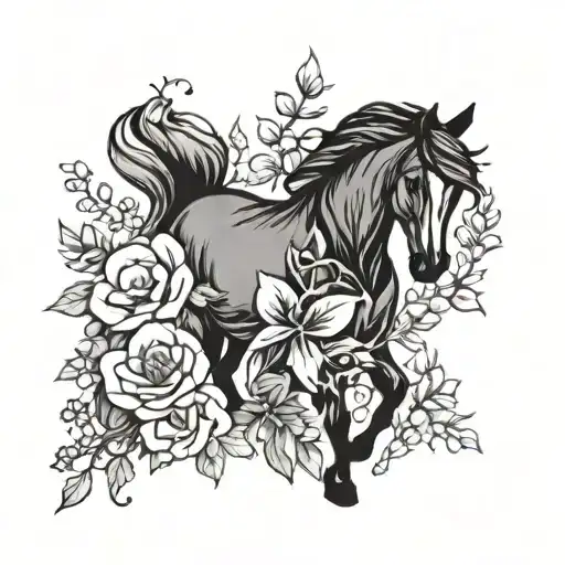 Horse and flowers tattoo design idea