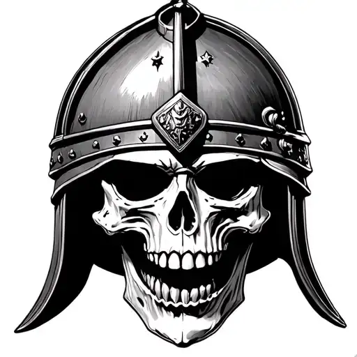 Skull in Roman Legionaire helmet surrounded, facing down at an angle with an open mouth tattoo design idea