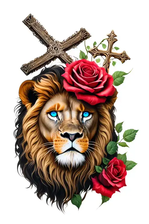 rose and cross and lion with blue eyes surrounded tattoo design idea