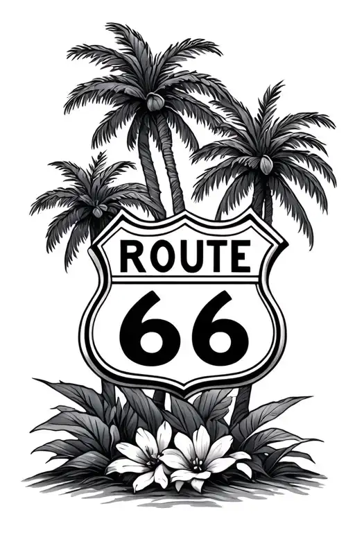 cali Route 66 palm trees flowers intertwined tattoo design idea