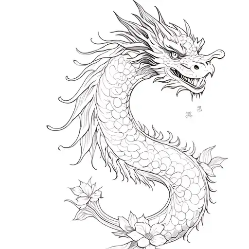 vertical small chinese dragon with flowers tattoo design idea