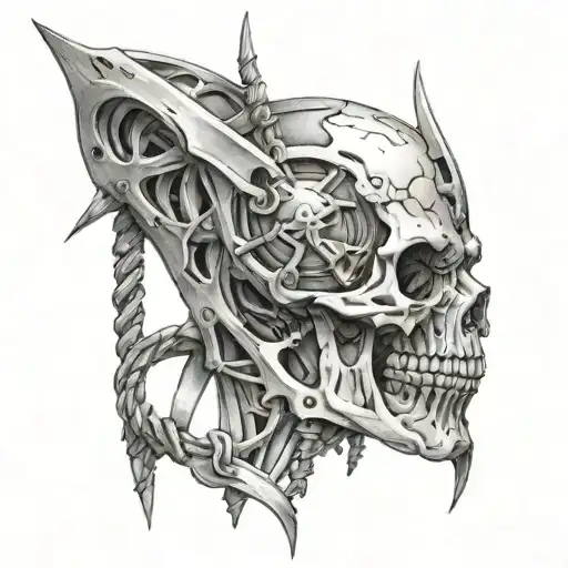 A clamp that goes from the trapezius and a single barbed wire that goes to the c7 vertebra tattoo design idea