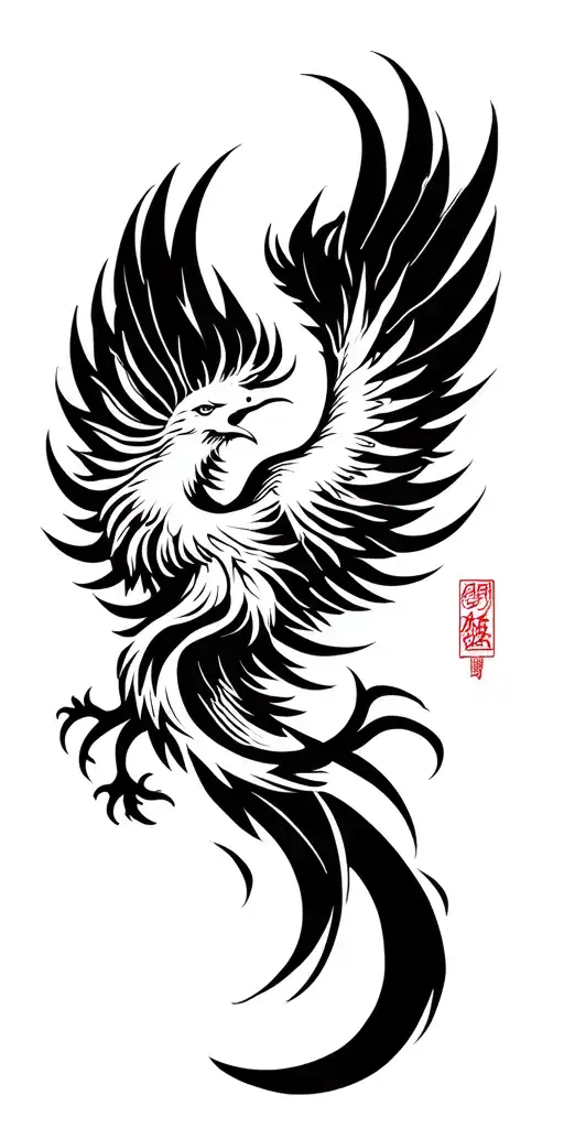 black line work, showcasing artwork with asian and chinese influence. Phoenix rising from ashes tattoo design idea
