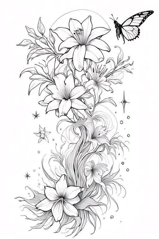 spider lilies,moon flowers, daffodils,ginko tree,ocean waves,jellyfish,stars,oroborous,chaos,butterfly& dominos,phoenix tattoo design idea
