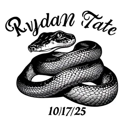 the name Rylan Tate and birthday 10/17/25 incorporated into a tattoo of a snake tattoo design idea