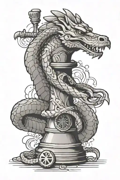 Rook chess piece with snake wrapped round with crossed swords in background on rook chess peice it says D.F.Q. tattoo design idea