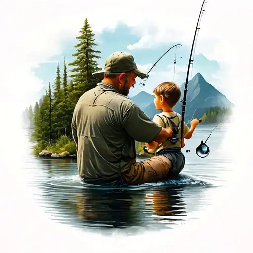 dad fishing with his son facing the mountins tattoo design idea