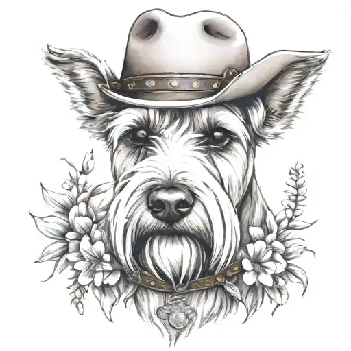 wheaten schnauzer with cowgirl hat and brown eyes and a collar with flowers looking to the side with western background tattoo design idea