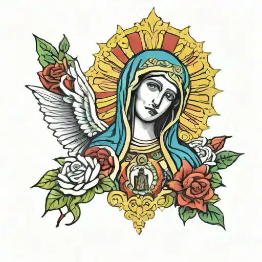 virgin mary wearing mexico flag tattoo design idea