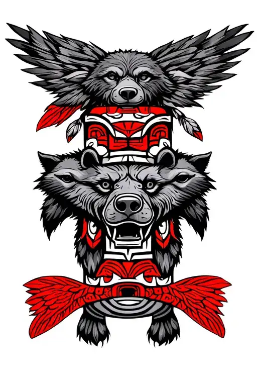 complete leg totem pole with salmon, wolf, bear and eagle in red and black native american art style tattoo design idea