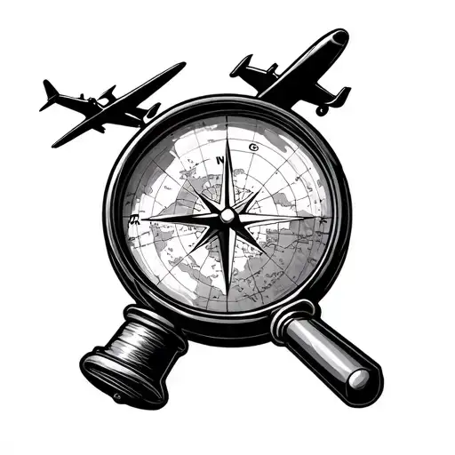 Some dot lines ,travaling , small compass, mysterious magnifying glass , air plane , map tattoo design idea