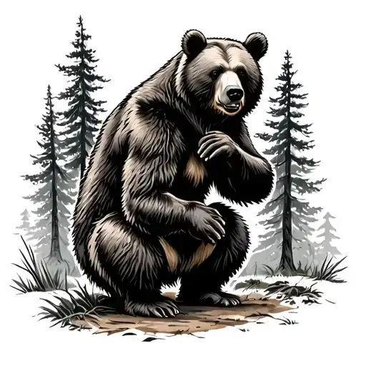 Bear squatting pooping in the woods tattoo design idea