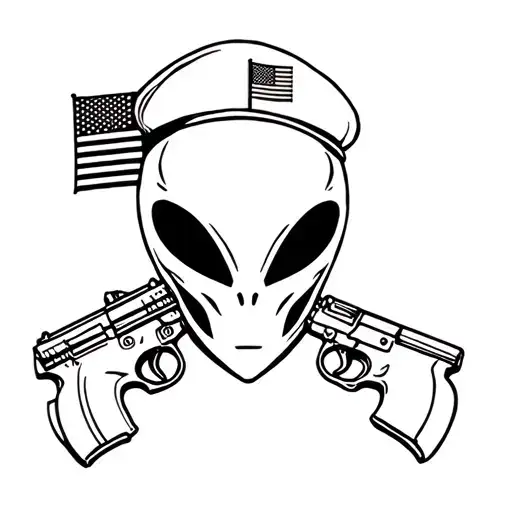 Alien's face with gun and military beret with flag tattoo design idea