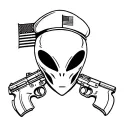 Alien's face with gun and military beret with flag tattoo design idea