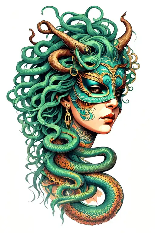 medusa goddess with oni mask, snakes hair tattoo design idea