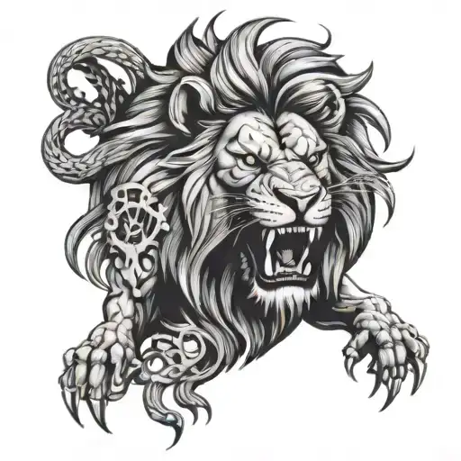 angry lion with skulls tattoo design idea