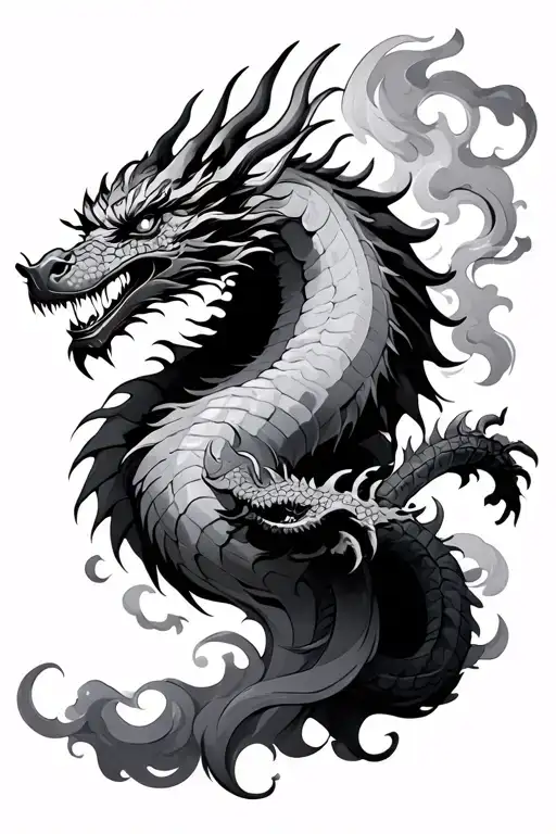 Coverup Clouds and Smoke Dragon and samurai tattoo design idea