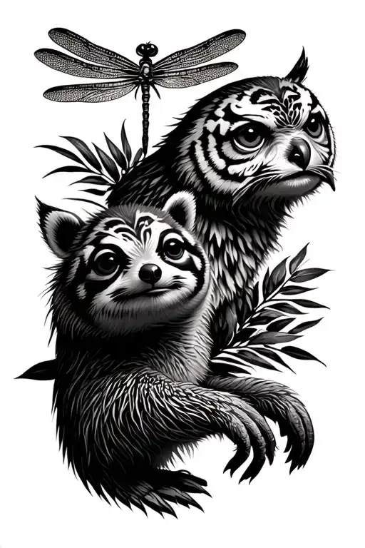 dragonfly, meercat, sloth, owl and tiger spirit animal tattoo design idea