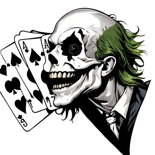 joker skull holding up joker playing card while laughing tattoo design idea