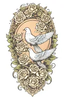 circle ring of several small roses around a center flourish design with a perched dove, wings folded tattoo design idea