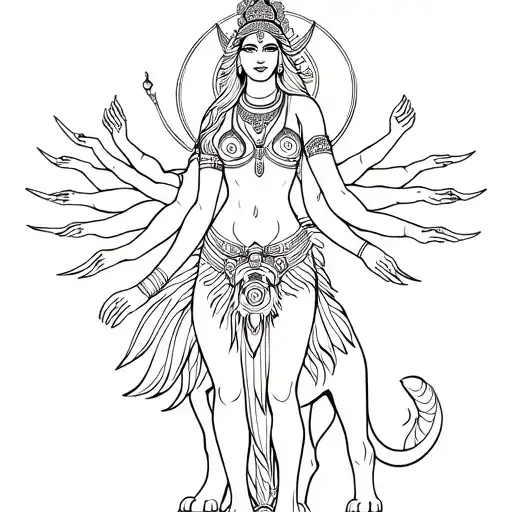 A 2D fine line art of Goddess Kushmanda modernized design and minimalistic. she has 8 arms and travels on lion tattoo design idea