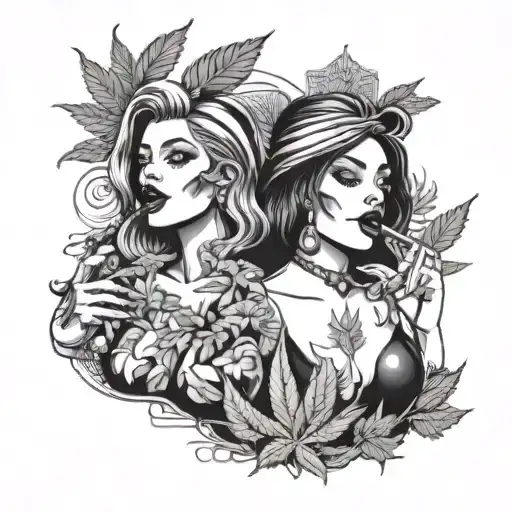 Two beautiful women smoking a marijuana cigar, with a background of marijuana leaves and smoke. tattoo design idea
