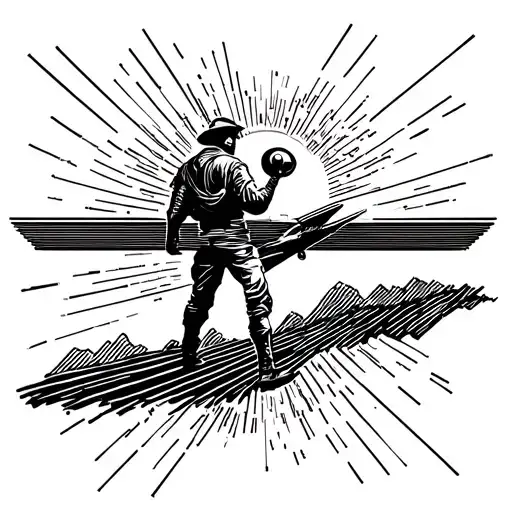 Blackwork chest piece, walking figure on horizon line, travel arcs, small plane, barcode elements. tattoo design idea