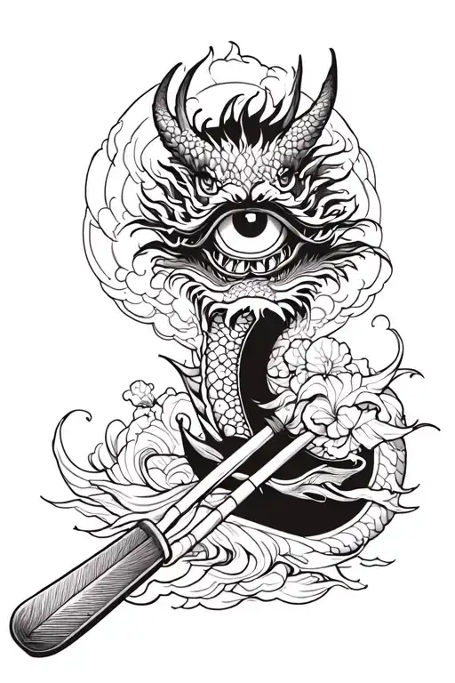 japanse clouds, dragon boat Paddle, devil one eyes, cross, Fine lines tattoo design idea