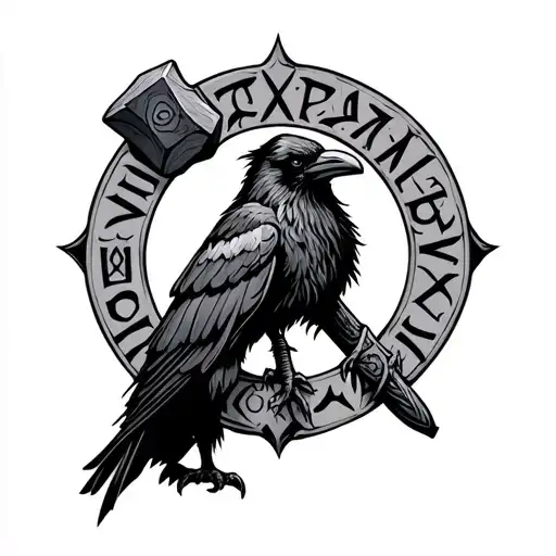 Odin name in runes around a crow and thors hammer tattoo design idea