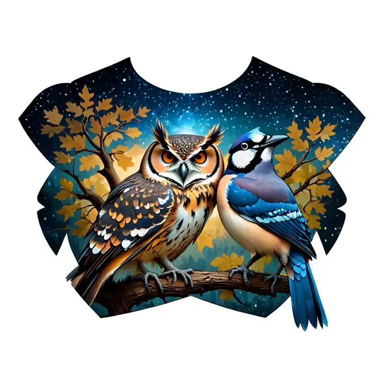  chest tattoo with an owl and a blue jay. In the middle is an oak tree and in the background is a galaxy.  tattoo design idea