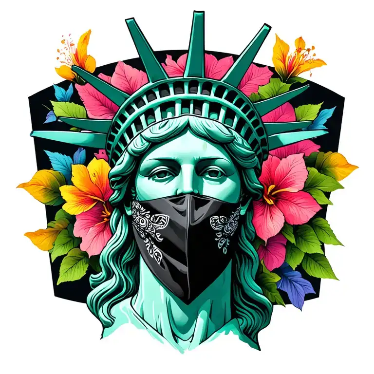statue of liberty wearing black bandana over face as mask, pagani zonda racing, colored petals connecting with vines tattoo design idea