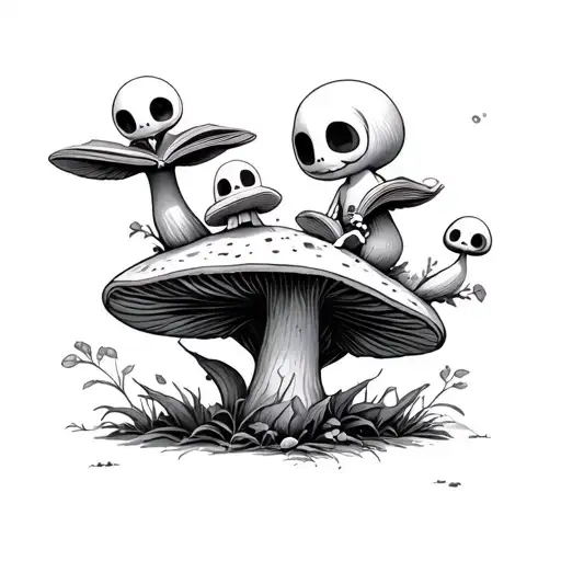4 Kodama: 1 reading on mushroom, 1 contemplative on branch, 1 mischievous hanging, 1 concerned peek from under mushroom. tattoo design idea
