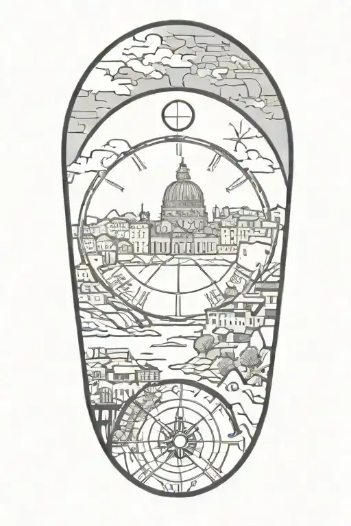tattoo featuring rome landscape, compass, globe tattoo design idea