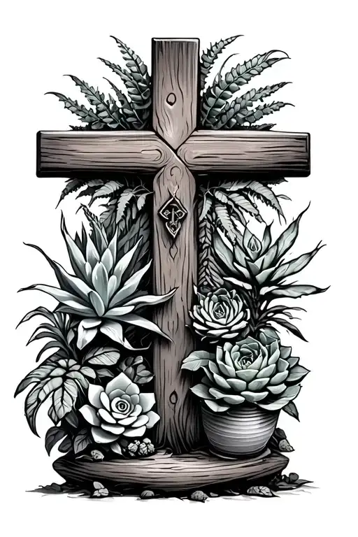 succulents and house plants growing around and from a wooden cross  tattoo design idea
