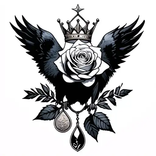 crow holding rose, teardrop with star, crown with medals, wishbone tattoo design idea