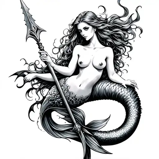 Mermaid siren holding a spear gothic tattoo design idea