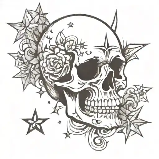 Skull and stars with organic & esoteric elements tattoo design idea