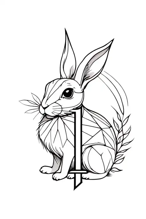 fire rabbit zodiac symbolism with leaf and letter J tattoo design idea