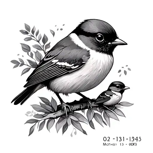"02-11-1945 13-08-23" Mother robin bird with chick wrapped tattoo design idea