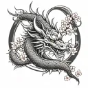 white background, tattoo design, black gray gradient, dragon head, Japanese cherry blossom pink color, bright red sun. tattoo design idea
