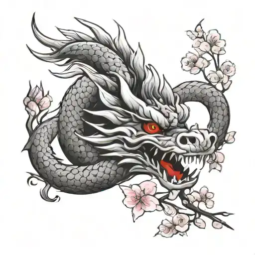 white background, tattoo design, black gray gradient, dragon head, Japanese cherry blossom pink color, bright red sun. tattoo design idea