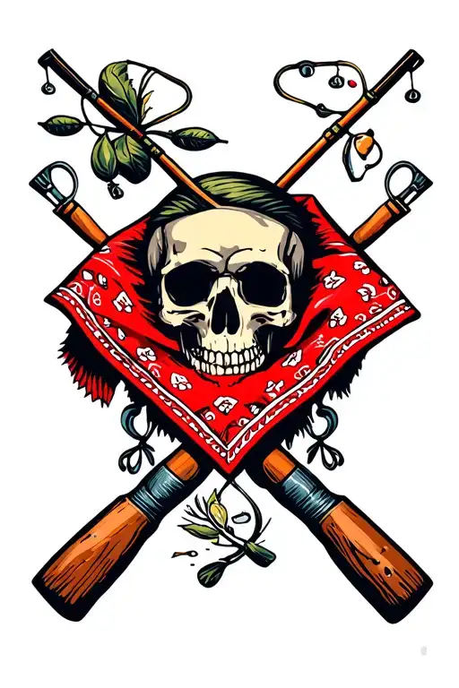 red bandana with fishing poles crossed tattoo design idea