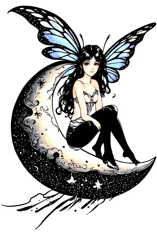 Fairy sitting on moon tattoo design idea