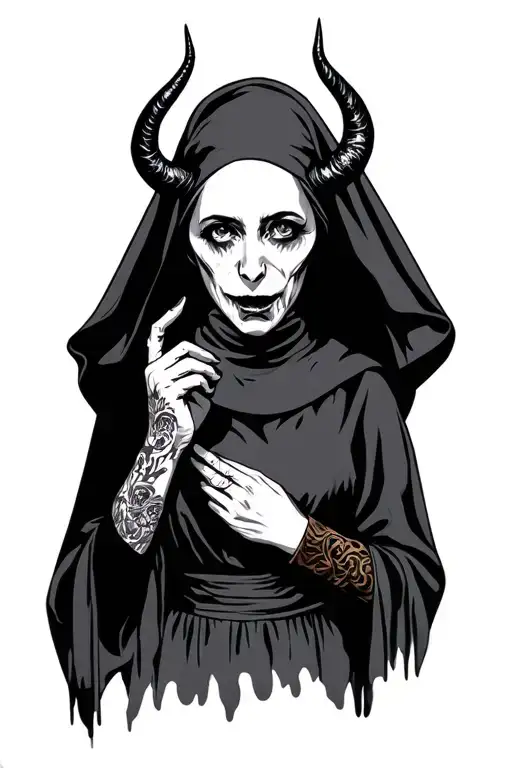 Horror nun holding devil horns holding tattoo design idea