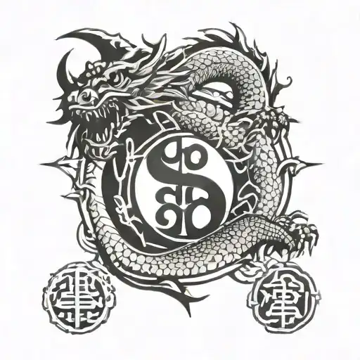 dragon with teakwondo lettering and yinyang symbol split tattoo design idea